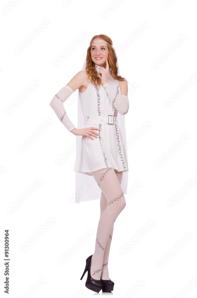 Pretty lady in light charming dress isolated on white Pretty lady in light charming dress isolated on white