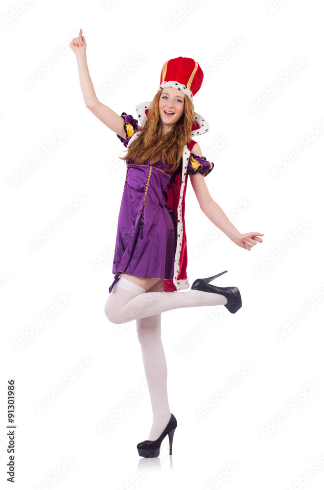 Pretty young queen in purple dress isolated on white Pretty young queen in purple dress isolated on white