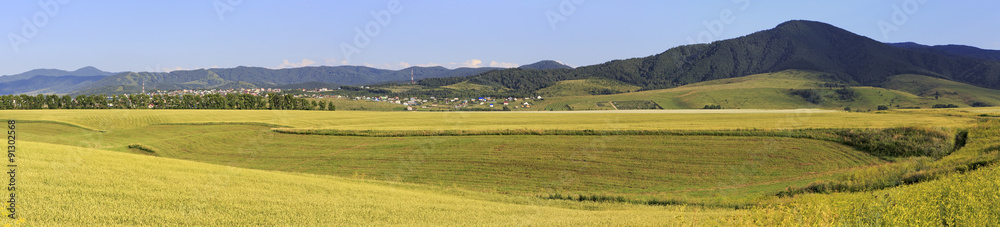 Beautiful panorama agricultural fields and the town of