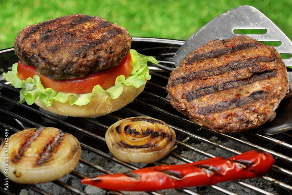 Barbecue Burgers On The Hot Charcoal Grill