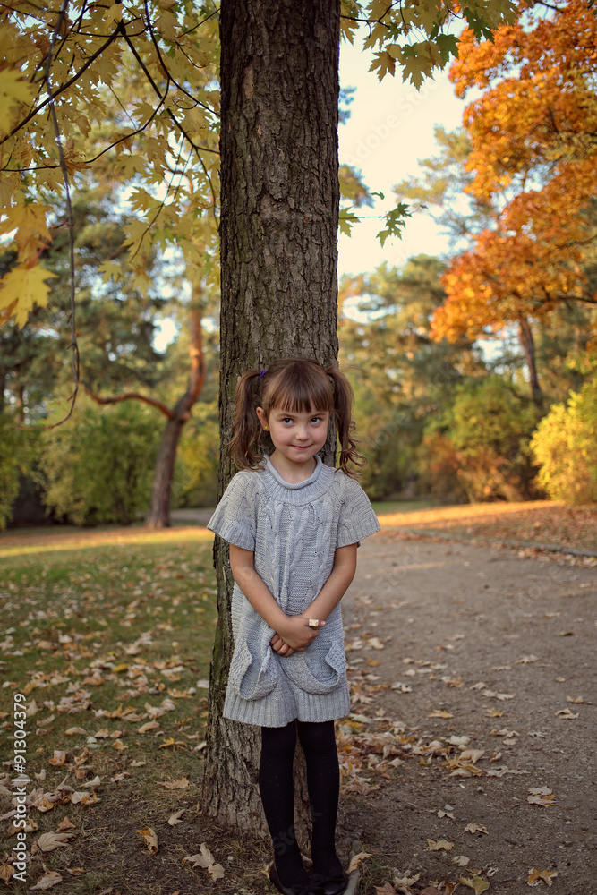 Fototapeta premium Young girl in a sweater on a walk in the autumn day