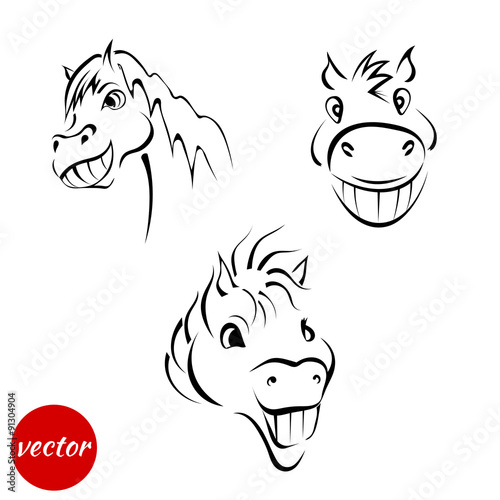 A set of sketches of a smiling muzzle horses isolated on white b