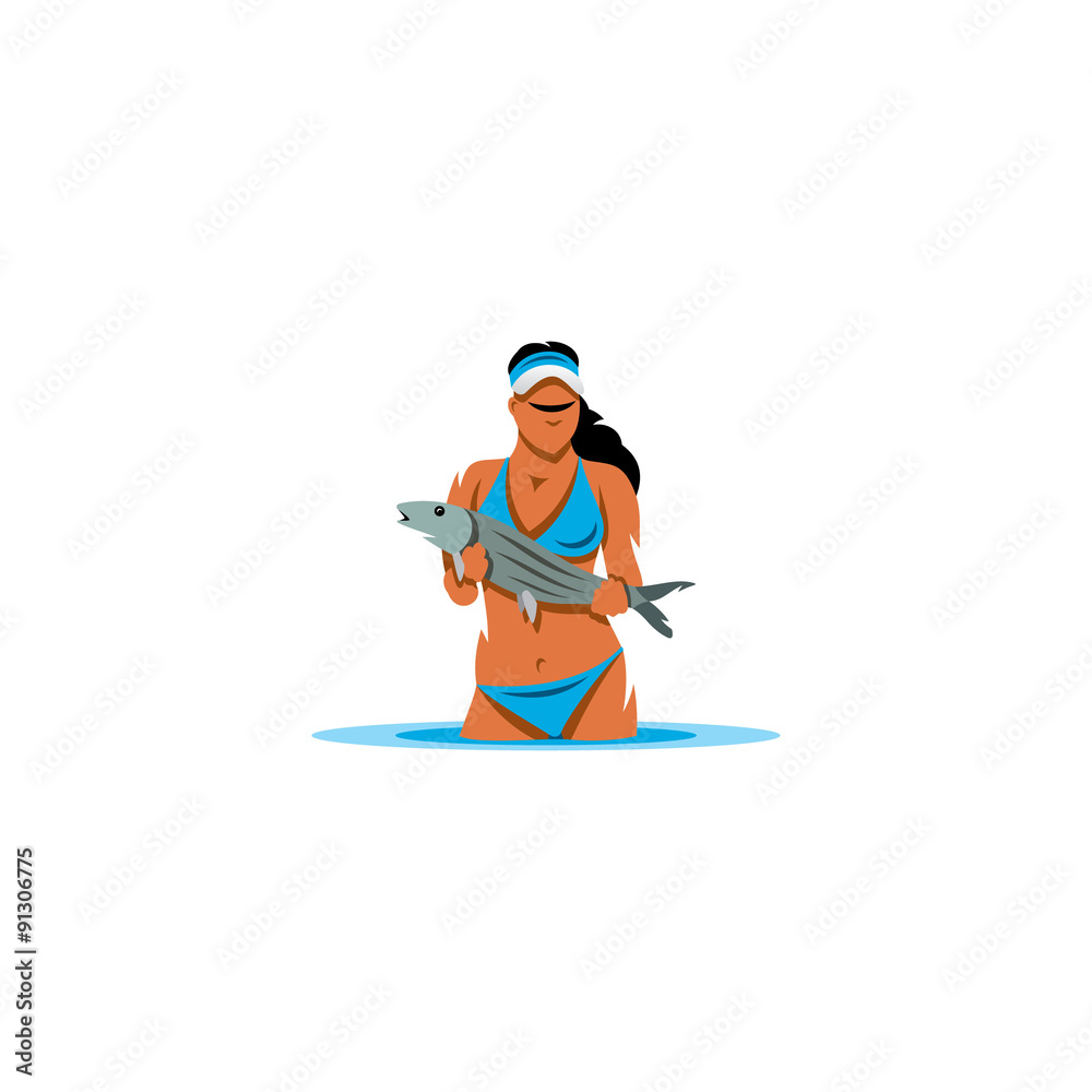 Woman holding a fish sign. Vector Illustration.