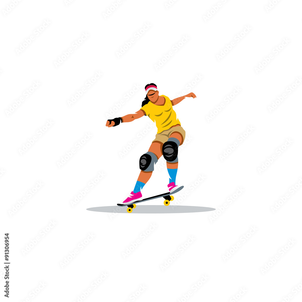 Skateboarder girl jumping sign. Vector Illustration.