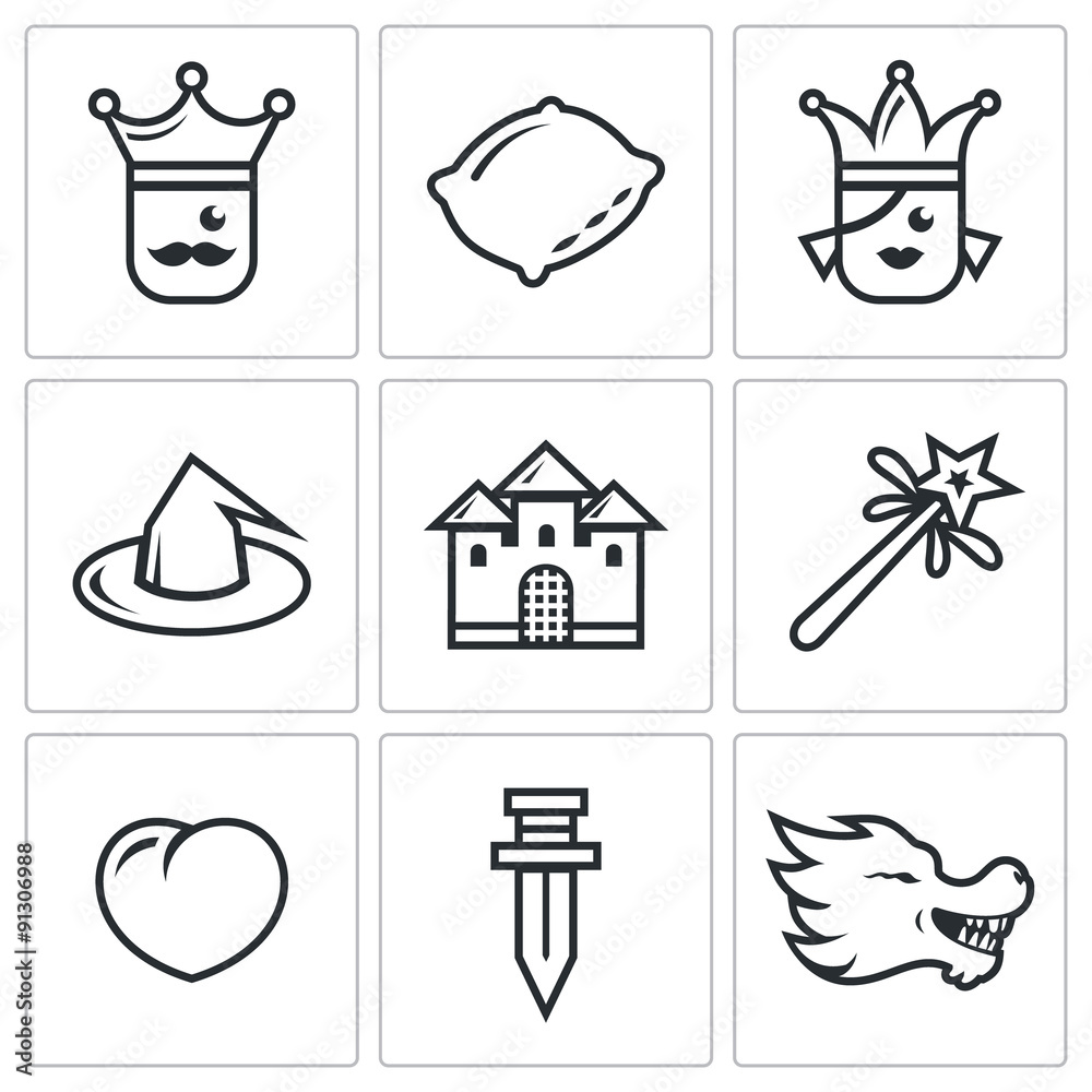 Sleeping Beauty, tale about a kingdom and magic icons set. Vector Illustration. Sleeping Beauty, tale about a kingdom and magic icons set. Vector Illustration.