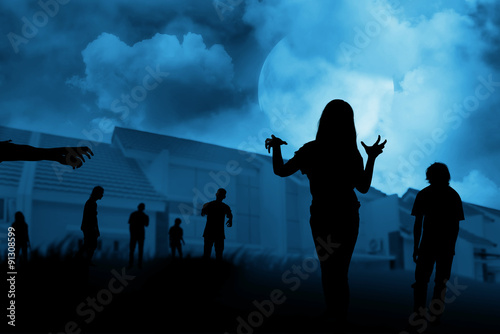 Принти на полотні Silhouette group of zombie walking under full moon