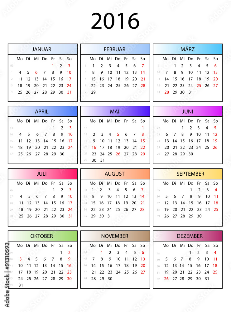 Kalender 2016 bunte Monate Stock Vector | Adobe Stock