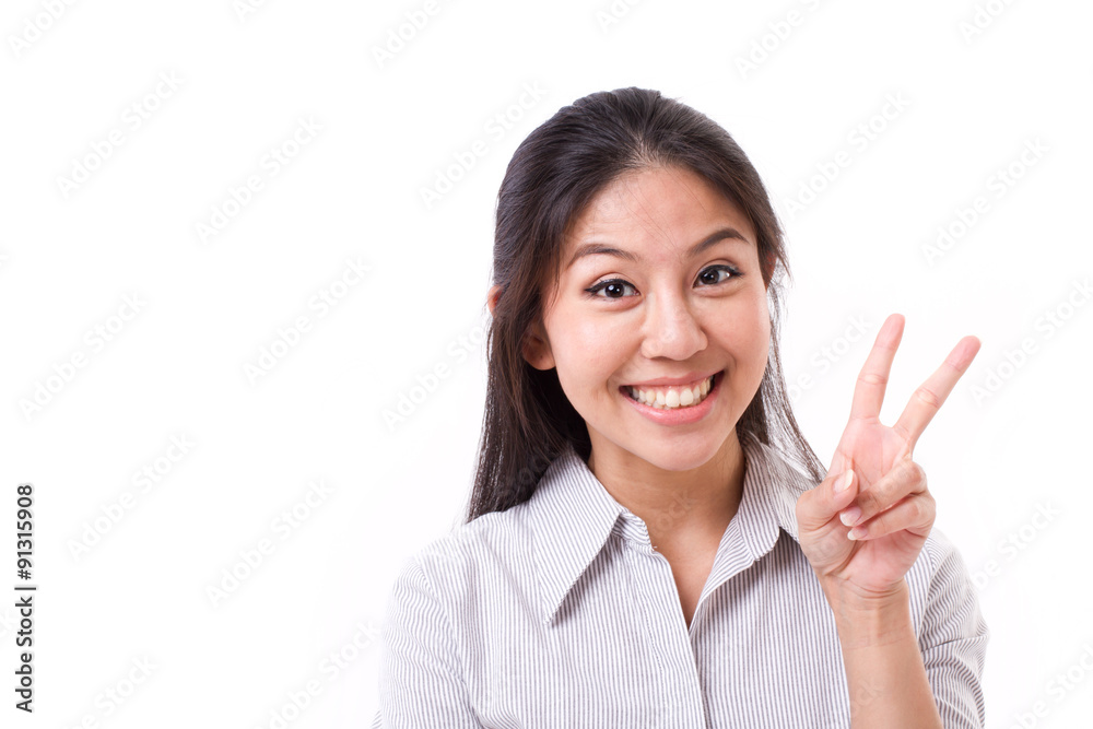 happy woman showing 2 fingers gesture, victory sign happy woman showing 2 fingers gesture, victory sign