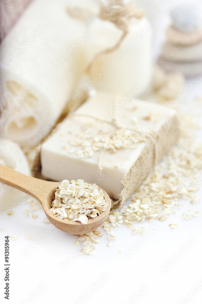 Oatmeal Soap handmade for a natural clean on a white background Oatmeal Soap handmade for a natural clean on a white background