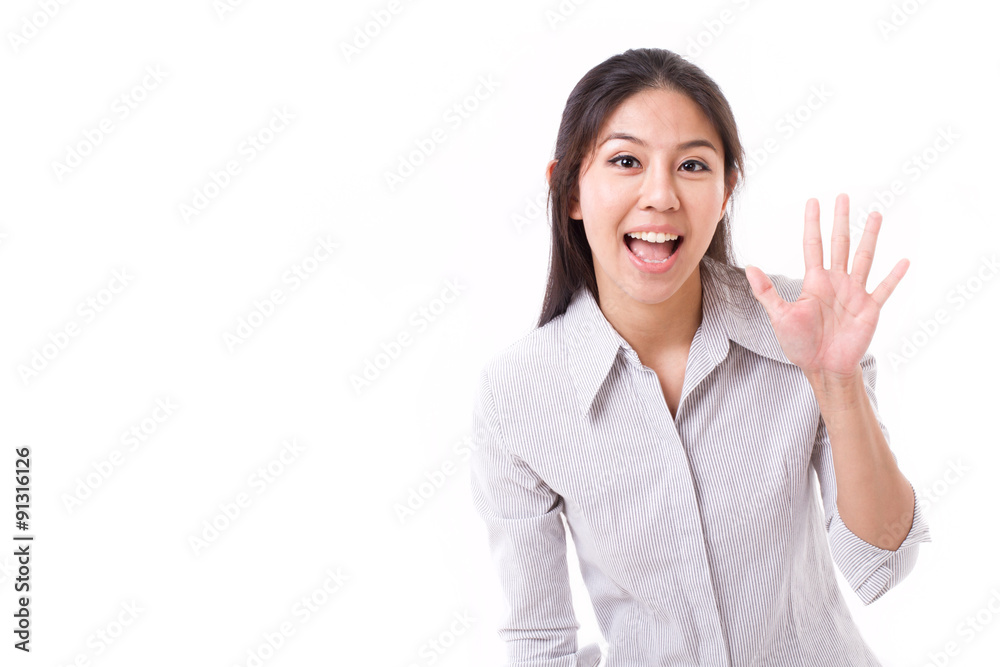happy woman showing her palm or 5 fingers gesture happy woman showing her palm or 5 fingers gesture