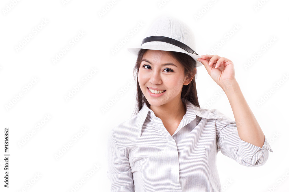 happy casual asian woman with white hat happy casual asian woman with white hat