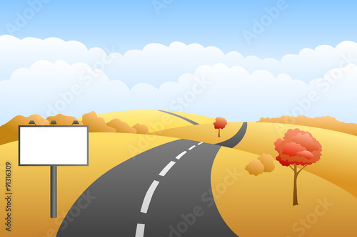 Landscape hills autumn day road billboard illustration vector