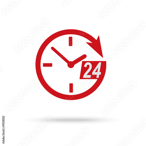 Red clock icon of 24 hour assistance