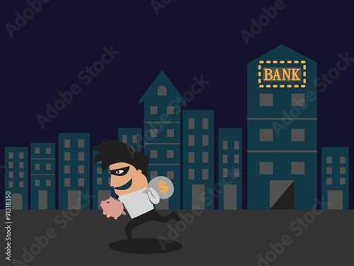 Cartooned thief in black mask and costume running away from the