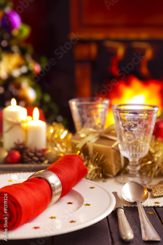 Christmas table with fireplace and Christmas tree