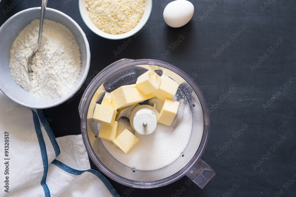 Ingredients for shortcrust almond pastry to make in food processor Ingredients for shortcrust almond pastry to make in food processor