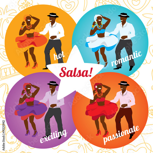 Salsa party or dance school poster with dancing cuban couple in different colors.