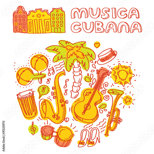 Salsa cuban music and dance illustration with musical instruments, palms, etc.