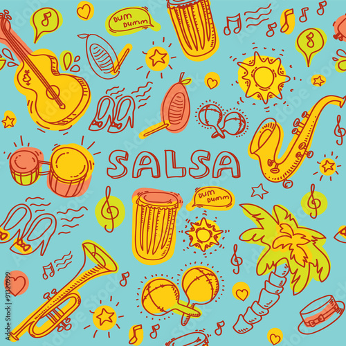 Salsa cuban music and dance illustration with musical instruments, palms, etc.