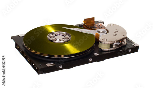 Hard disk drive with yellow vinyl disk instead of magnetic plate isolated on white background