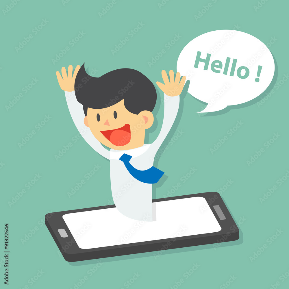 Funny businessman surprise by appear from smartphone and say hello, video  conference , mobile phone application flat design vector Stock Vector |  Adobe Stock