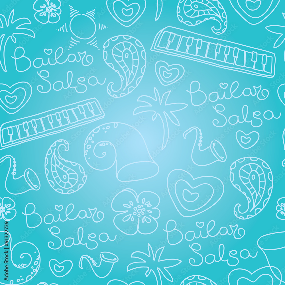 Naklejka premium Salsa dance and music seamless pattern.
