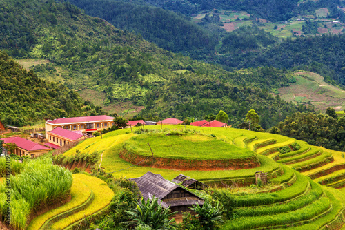 beautiful landscape rice terrace view in hmong village at la pan