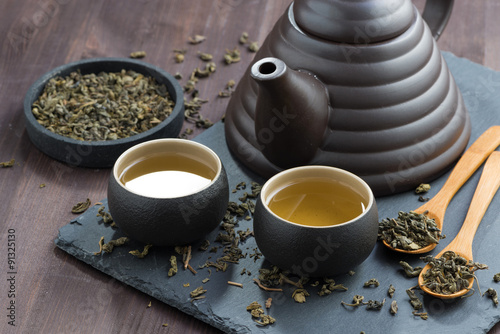 teapot and cups with fresh green tea on wooden table