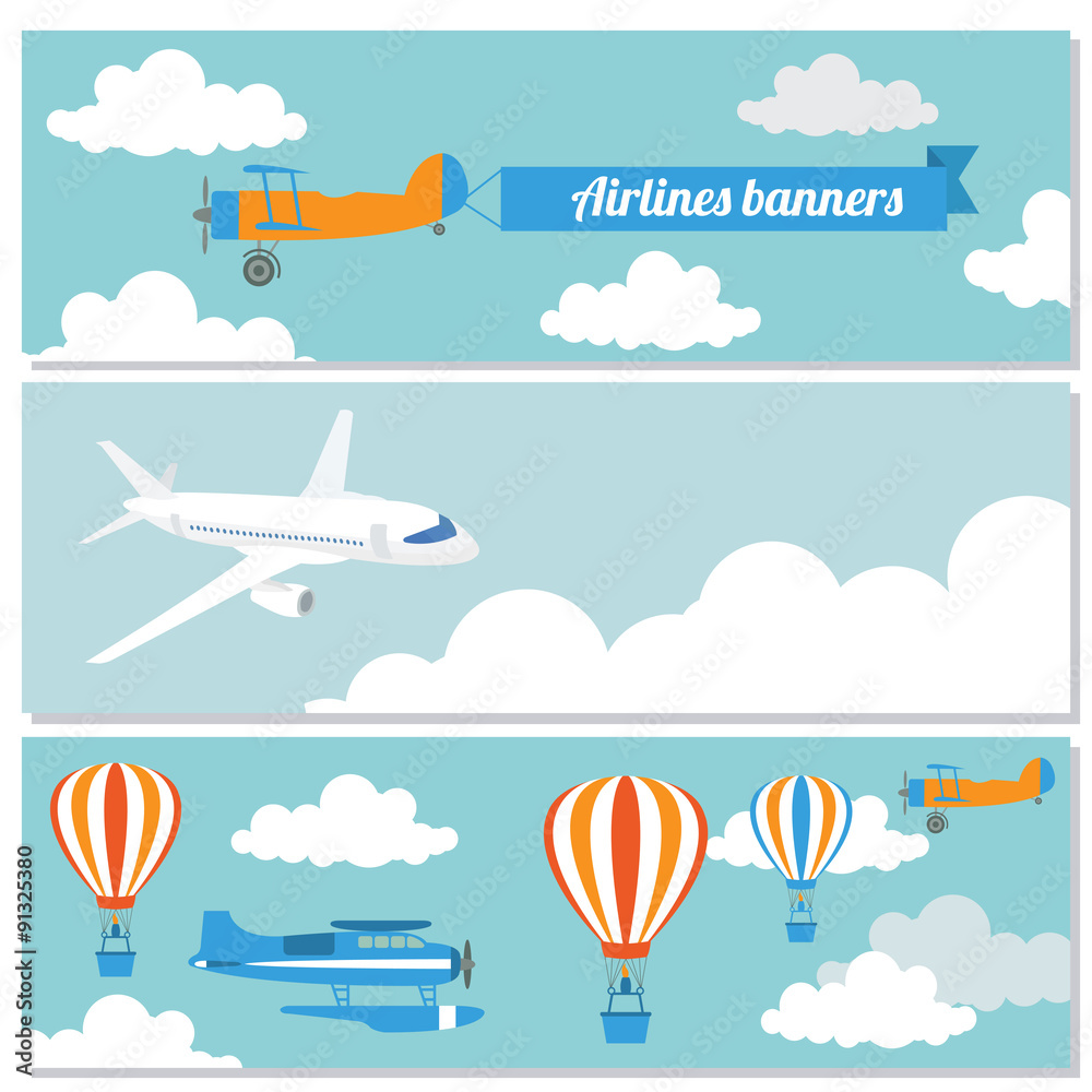 Naklejka premium Set of flying airplanes banners for your text.