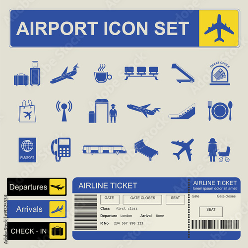Airport, air travel icon set.