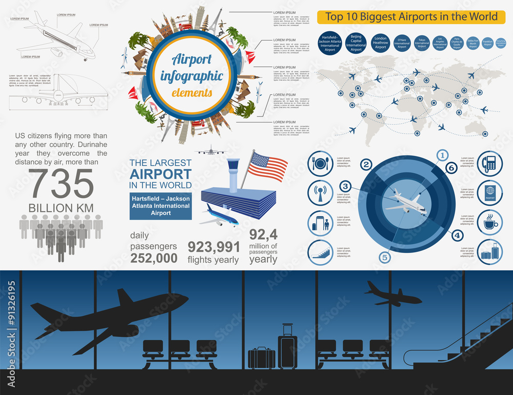 Airport, air travel infographic with design elements. Infographi