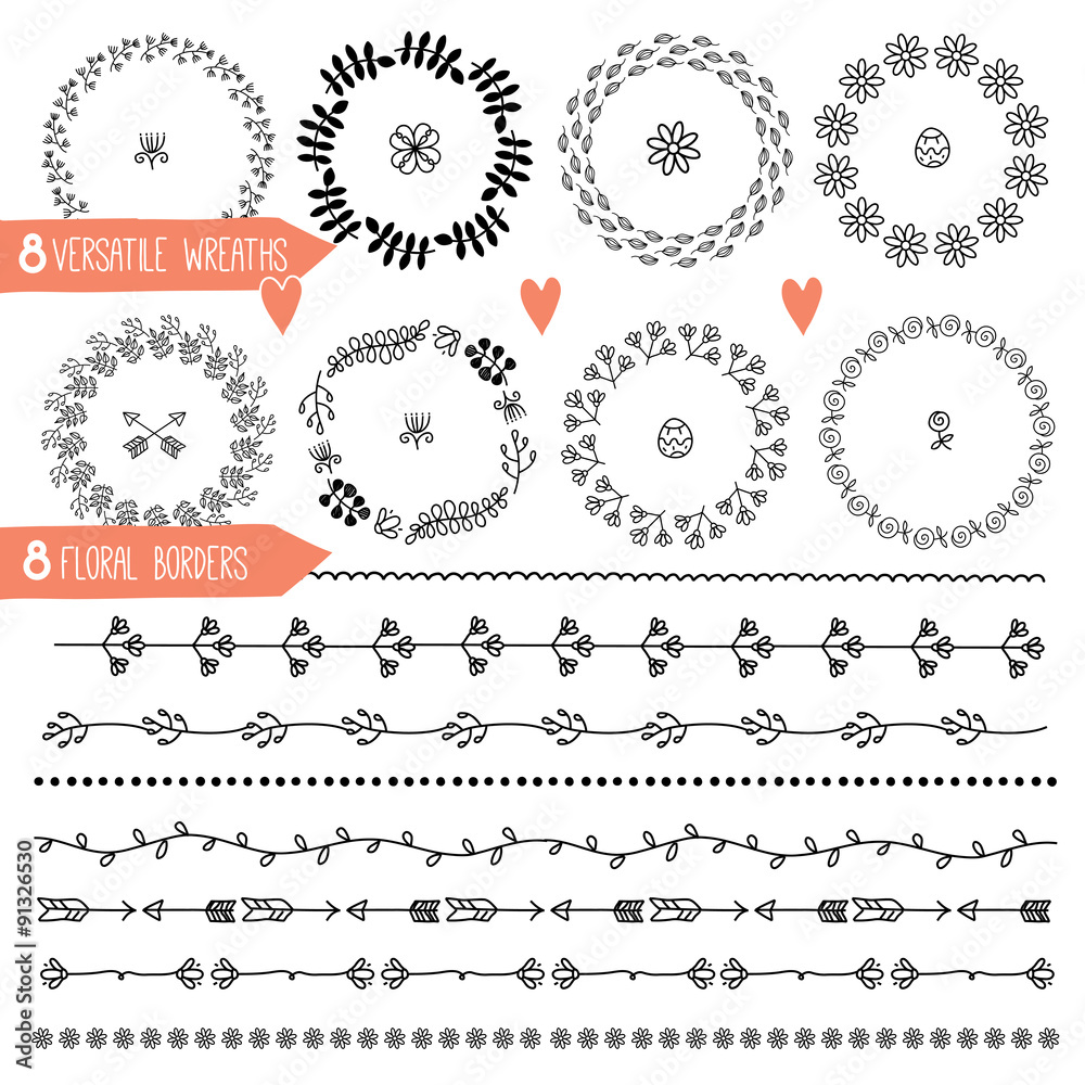 Obraz premium Eight Versatile wreaths. Ornament for decorating. Floral borders, leaves, stems, flowers, arrows.