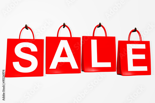 Four shopping bags with the word SALE Hanging on the wall