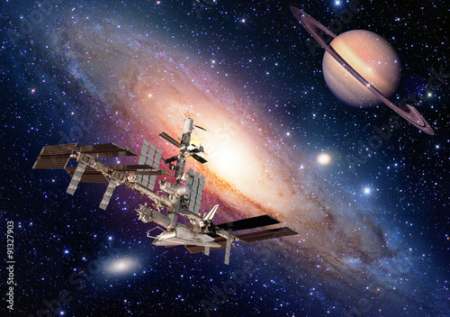 Satellite space station spaceship spacecraft outer planet saturn. Elements of this image furnished by NASA.