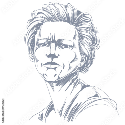 Vector drawing of angry woman with stylish haircut. Black