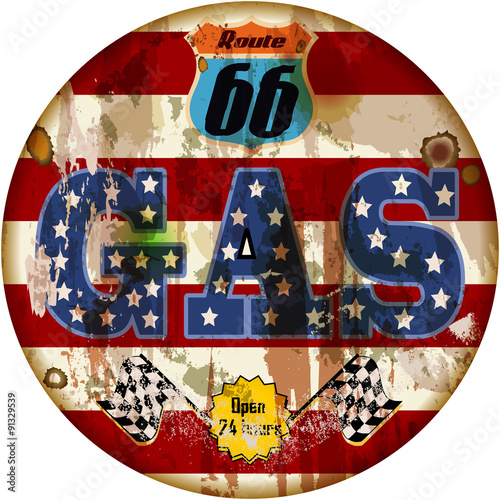 grungy retro route 66 gas station sign, vector illustration, fictional artwork