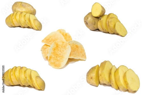 chips potato and peeled potato isolate on white
