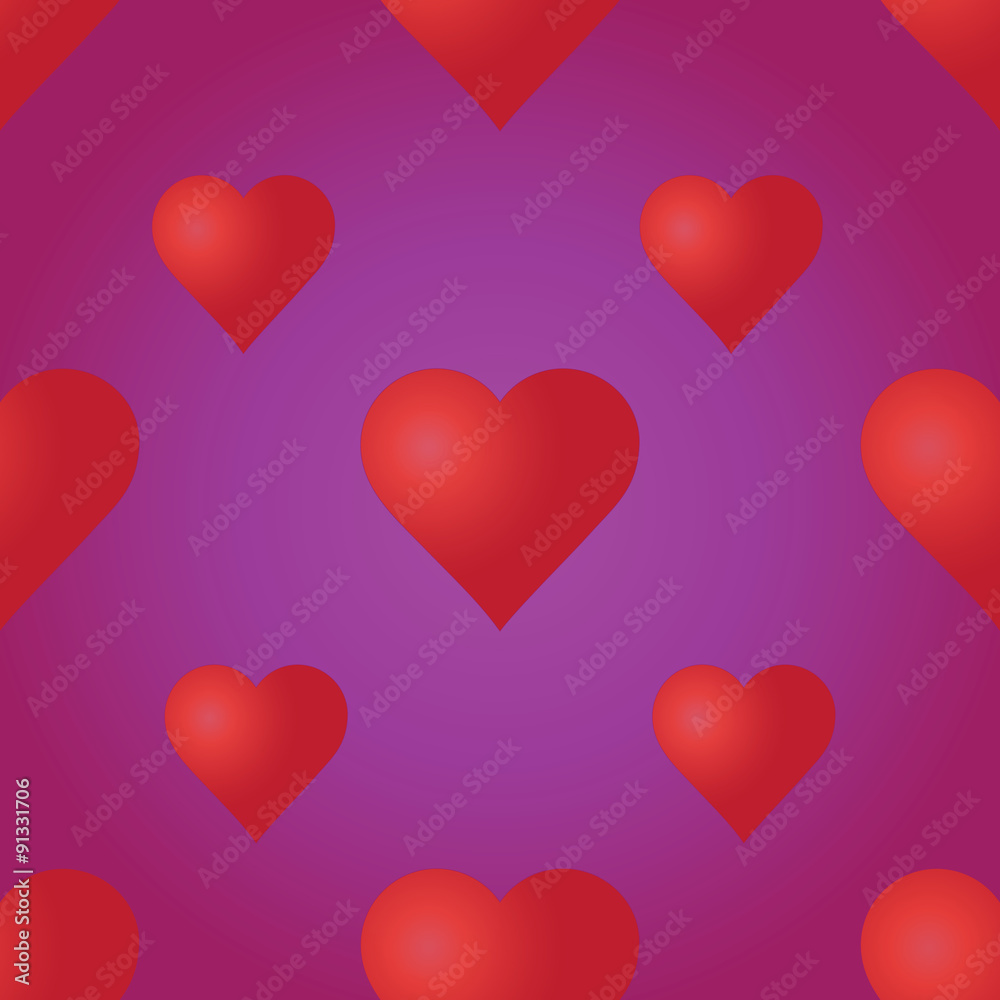 Vector seamless pattern with red hearts on the purple background. Wedding or Valentine's Day texture. Love template. Romantic backdrop. 