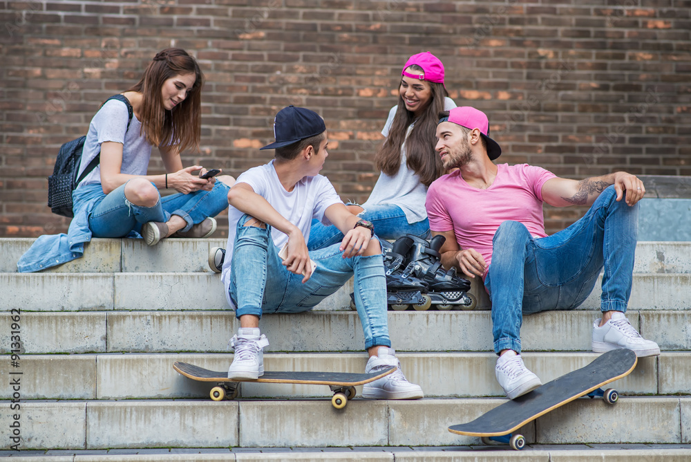 Skateboarder friends on the stairs, made selfie photo