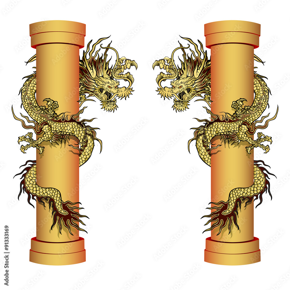 vector illustration golden dragon on the pole. Traditional Chinese