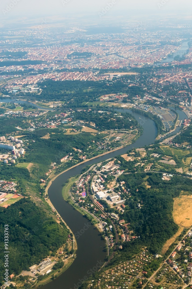 View from the airplane on the city of Prague and river Vltava