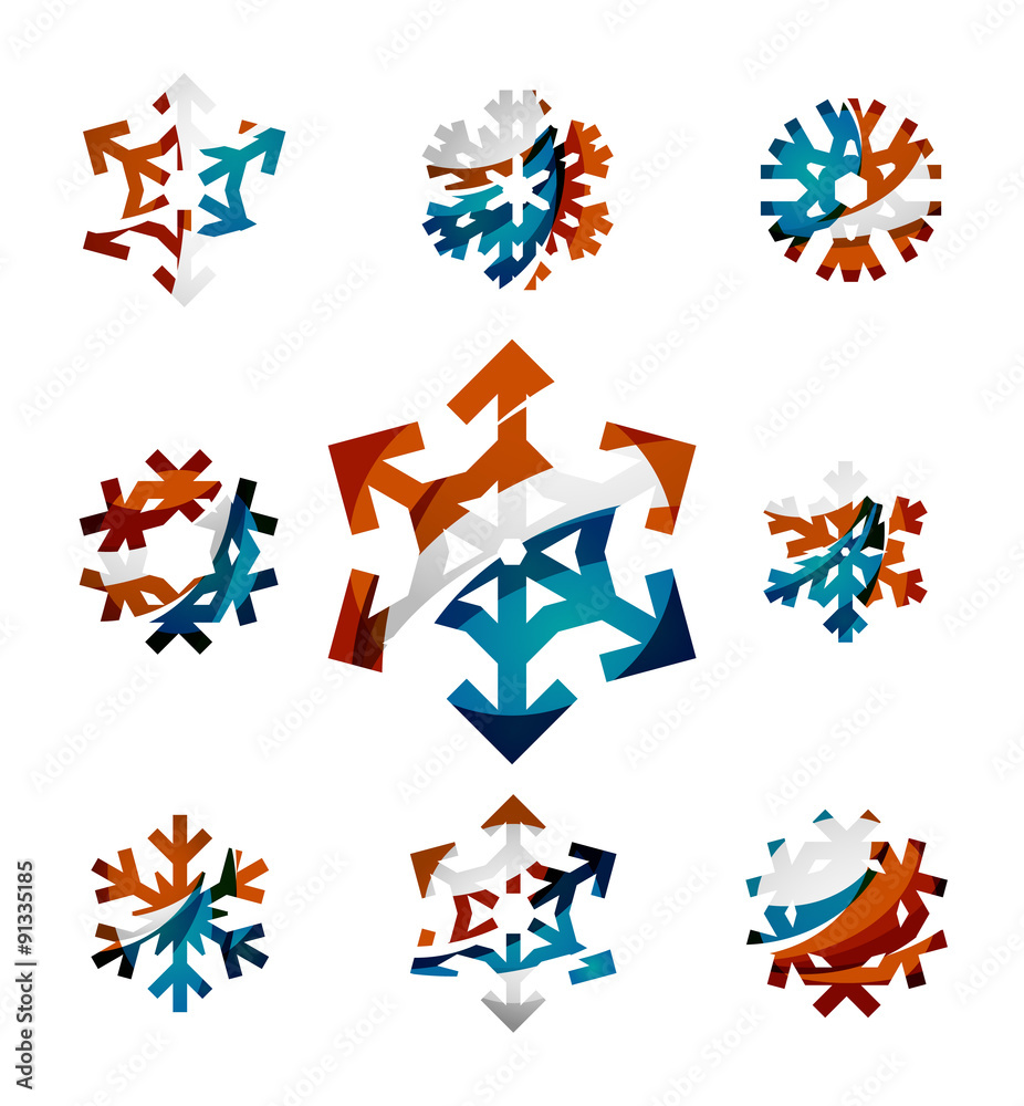 Set of abstract colorful snowflake logo icons, winter concepts