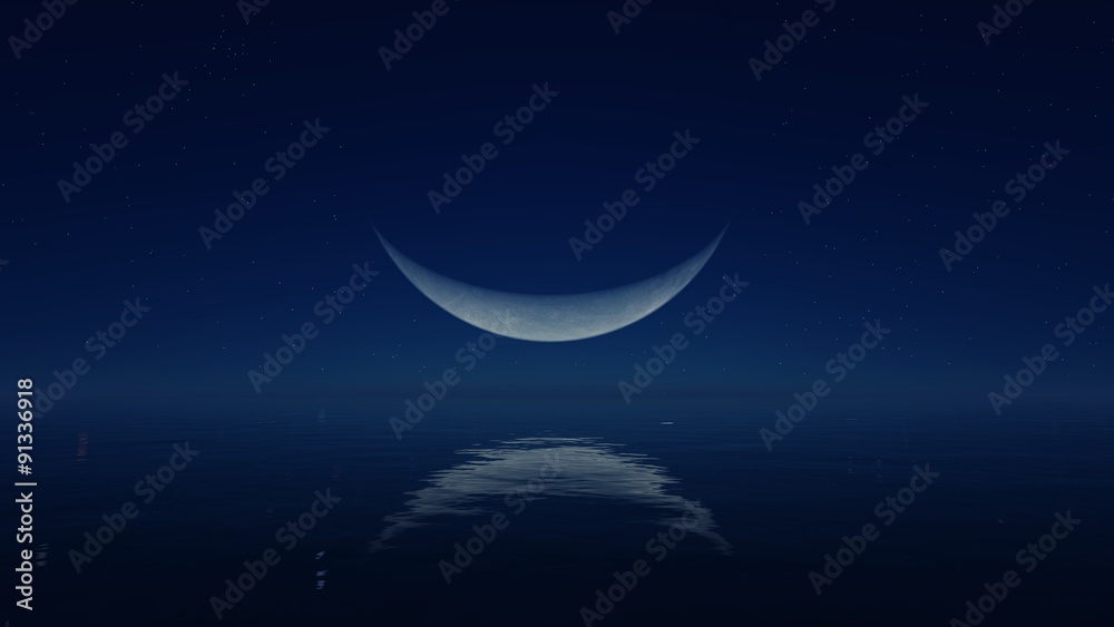 Cloudless night sky with fantastic big crescent above mirror water surface - obrazy, fototapety, plakaty 