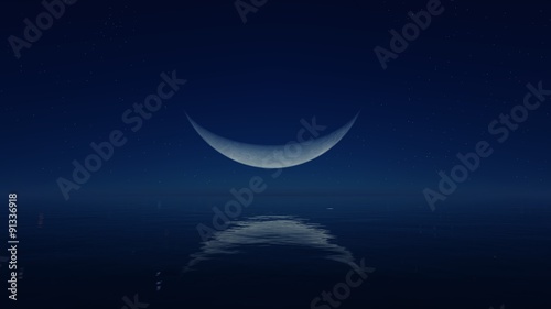 Fényképezés Cloudless night sky with fantastic big crescent above mirror water surface