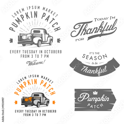 Set of vintage Thanksgiving Day emblems, signs and design elements