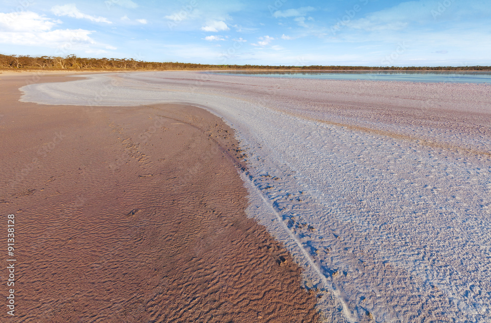 Curvy salt deposits on the beach of pink salt Lake Kenyon Curvy salt deposits on the beach of pink salt Lake Kenyon