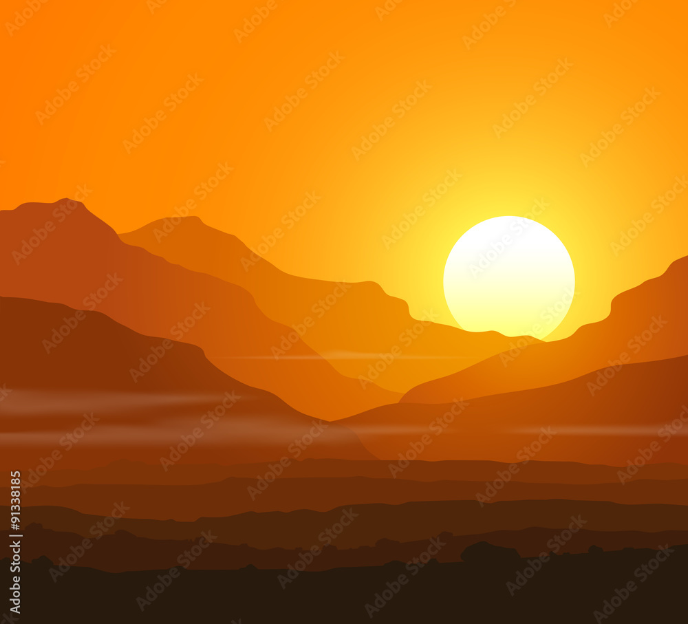 Naklejka premium Lifeless landscape with huge mountains at sunset
