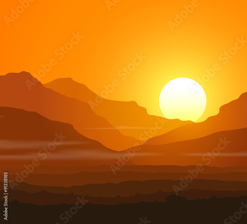 Lifeless landscape with huge mountains at sunset