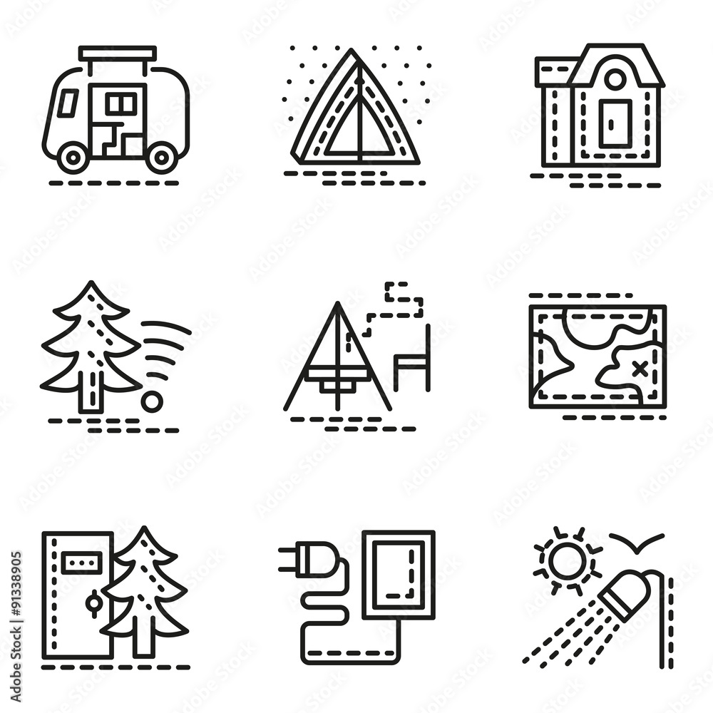 Elements of camping simple line icons set