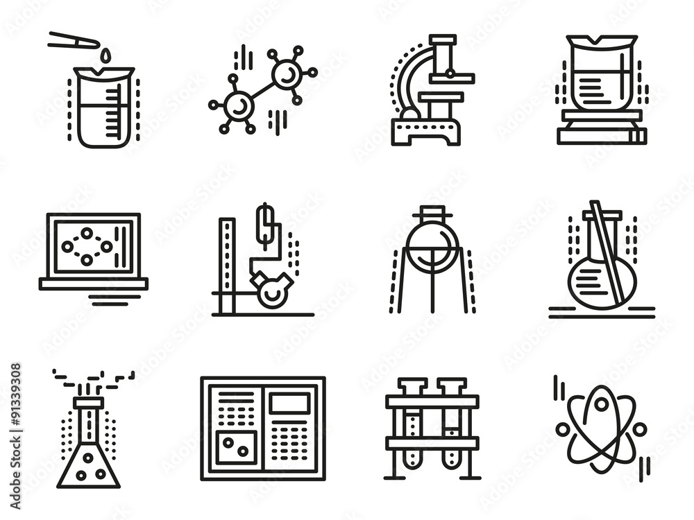 Chemistry symbols simple line icons set